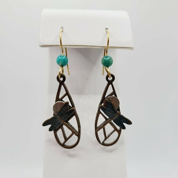 Artisan Made Dragonfly Earrings Drop Dangle Mixed Metals Native Style BOHO 2" - Picture 3 of 8